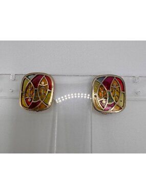 Lisner Plique A Jour Style Clip Earrings Multicolor Enamel Vintage Retro